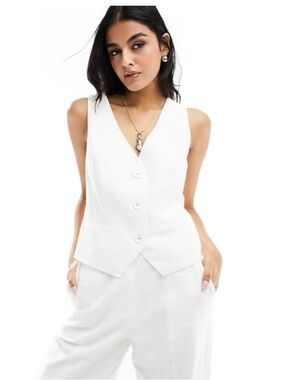 Glassons White Set Wide Leg Cotton Pants and Button down Vest